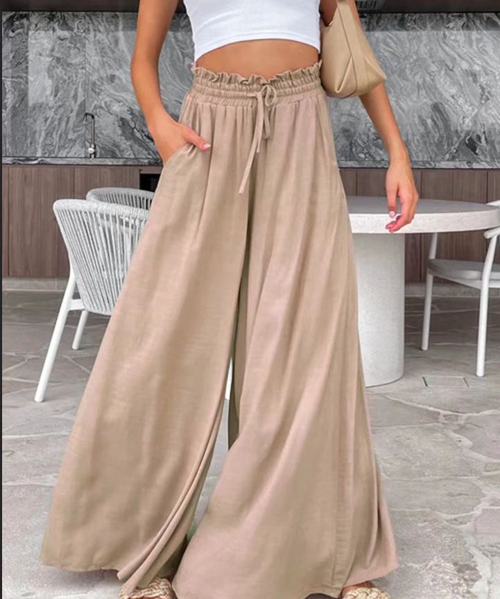 Drawstring Pocketed Solid Color Loose Flared Pants