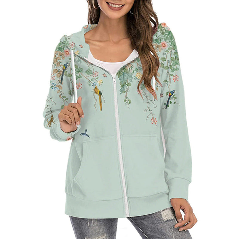 Fashion Floral Print Long Sleeve Zip Up Hoodie Sweatshirt