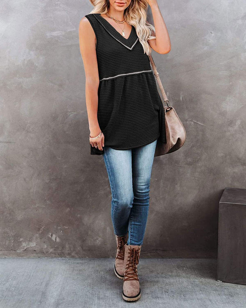 Casual V-Neck Sleeveless Solid Loose Blouse Top