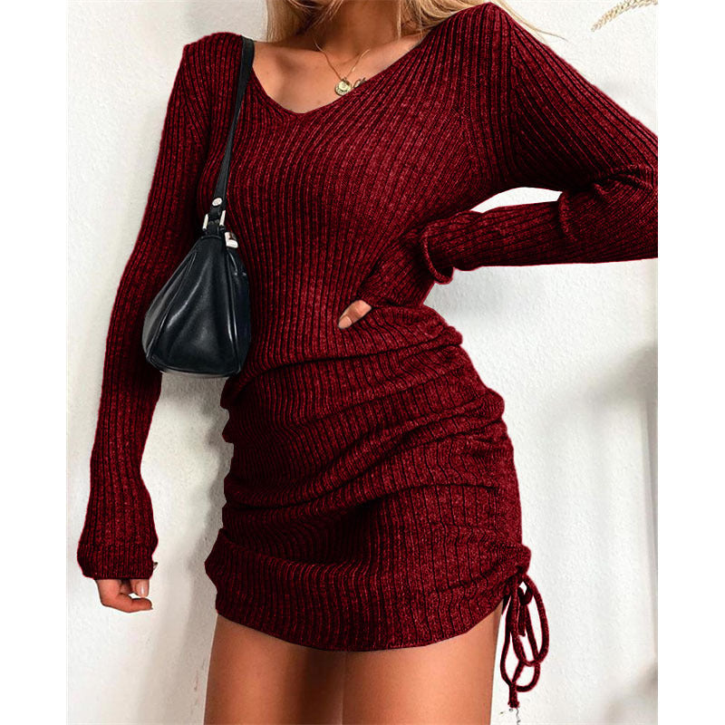 Long Sleeve V Neck Knit Mini Dress
