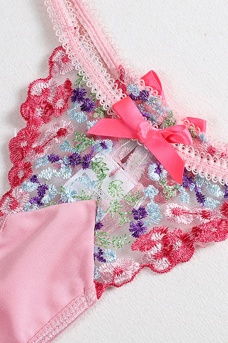 Sweet Floral Embroidered Thong Lingerie Set
