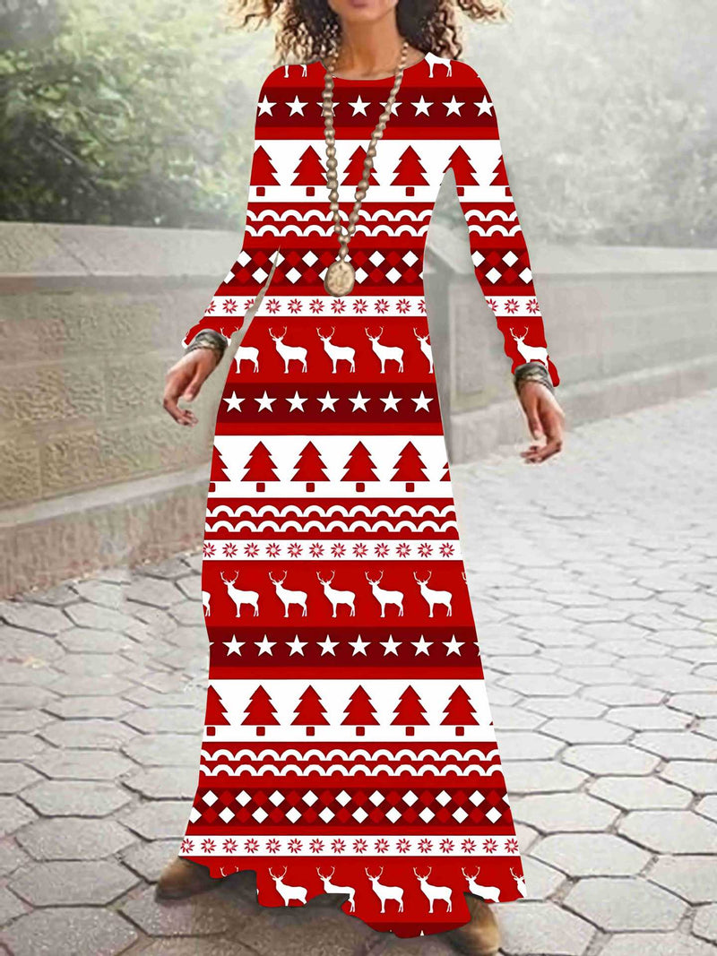Long Sleeve O-Neck Printed Maxi Christmas Dress