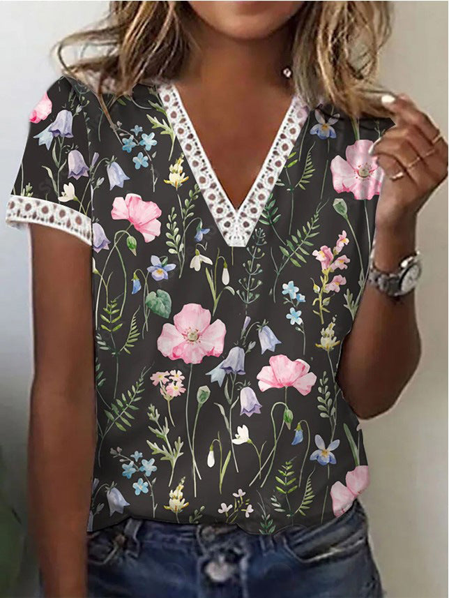 Fashion V-Neck Short Sleeve Floral Print Top Blouse