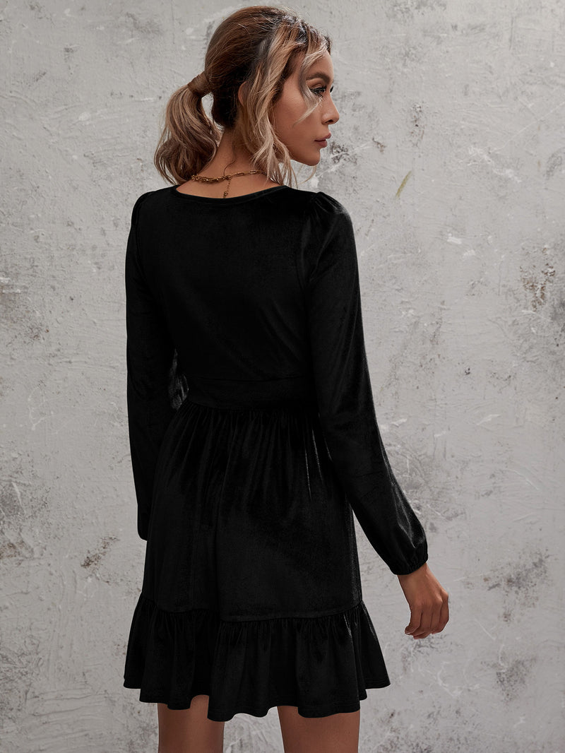 Fashion Deep V-Neck Long Sleeve Flared Mini Dress