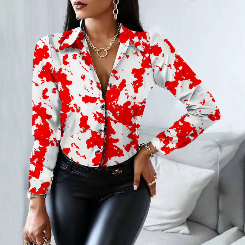 Turn Down Collar Long Sleeve Print Shirt