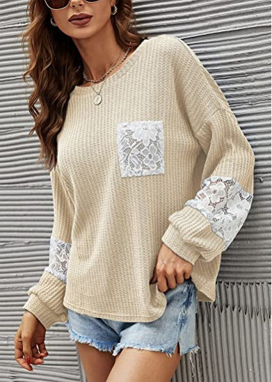Casual Lace Pocket Round Neck Sweatshirt