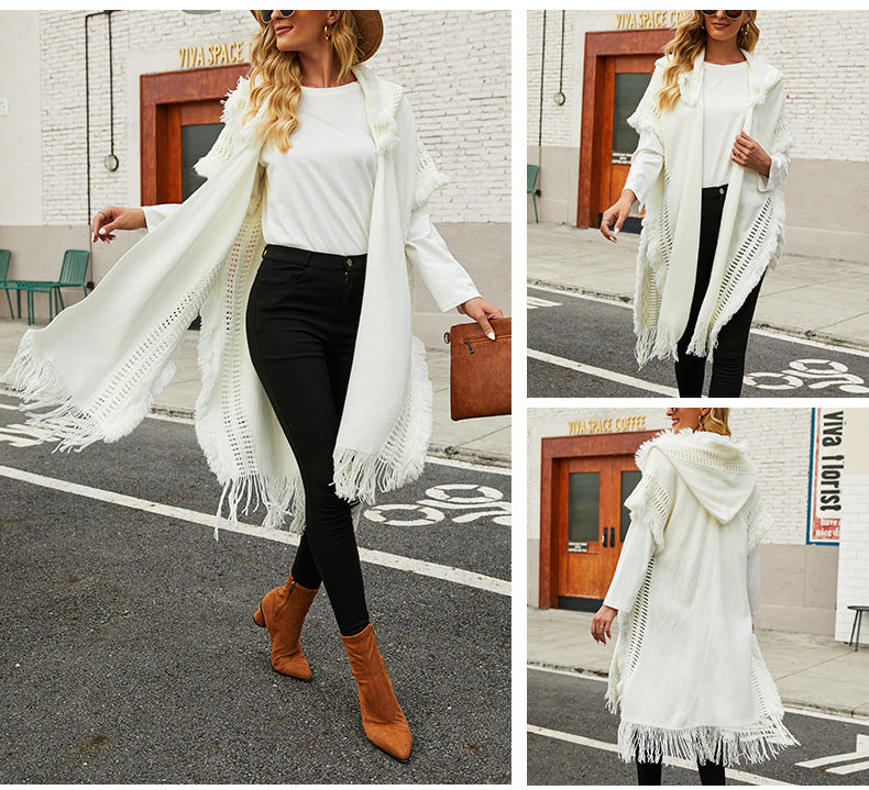 Ponchos Shawls Open Front Hooded Knit Cardigan Outerwear