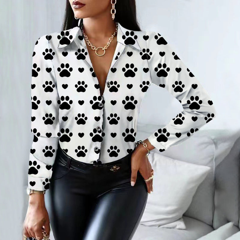 Turn Down Collar Long Sleeve Print Shirt