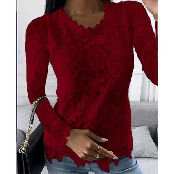 Casual Long Sleeve Lace Round Neck Top