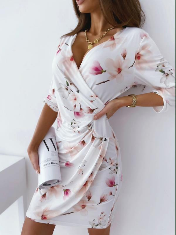 Short Sleeve Front Wrap Deep V Neck Floral Mini Dress