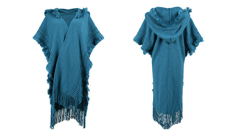 Ponchos Shawls Open Front Hooded Knit Cardigan Outerwear