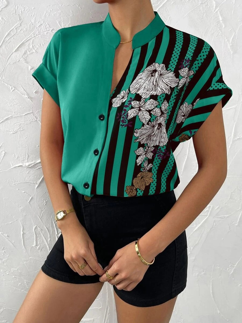 Fashion V-Neck Printed Short Sleeve Buttoned Shirt