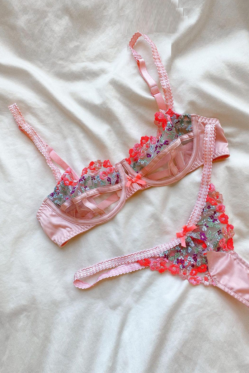 Sweet Floral Embroidered Thong Lingerie Set