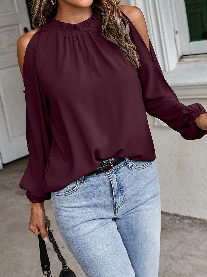 Fashion O-Neck Cut Out Sleeve Solid Color Blouse