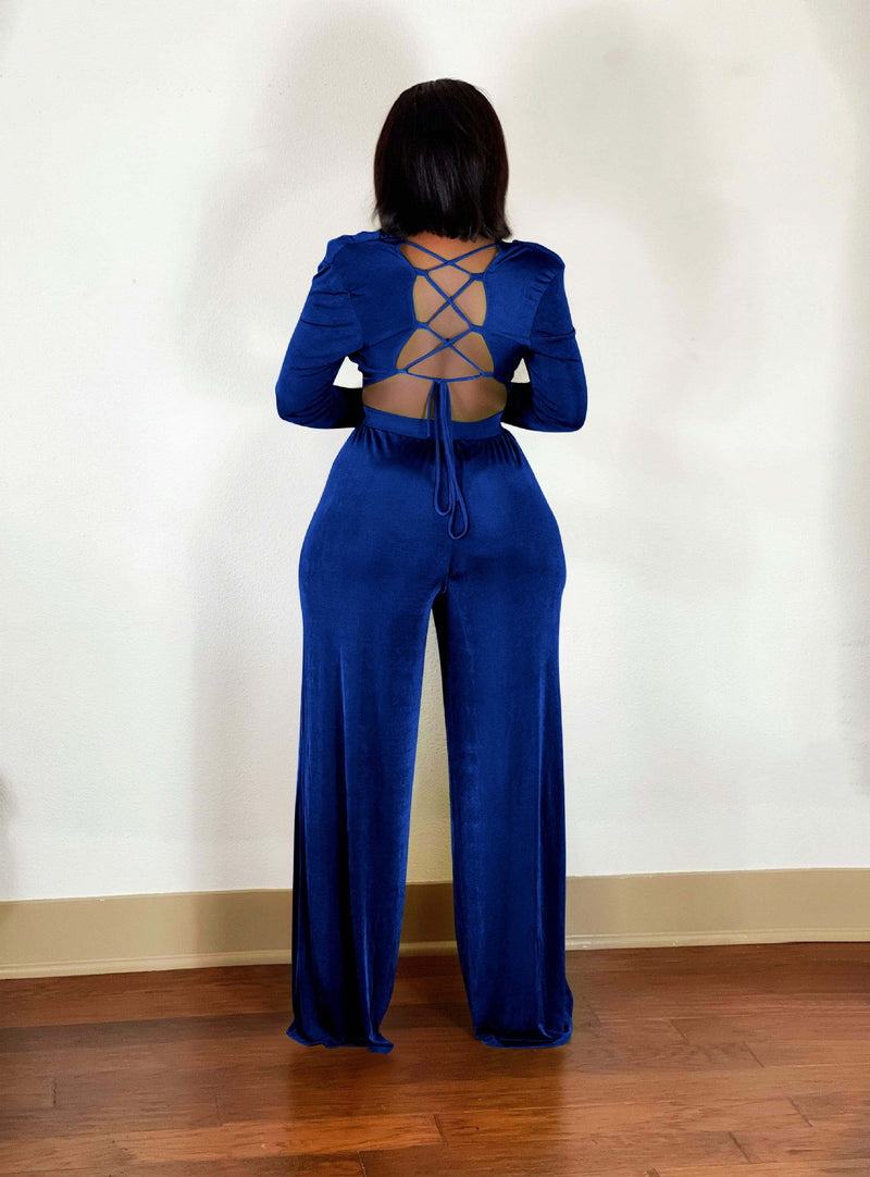 Two Piece Long Sleeve Backless Top and High Waist Wide Leg Pant Set