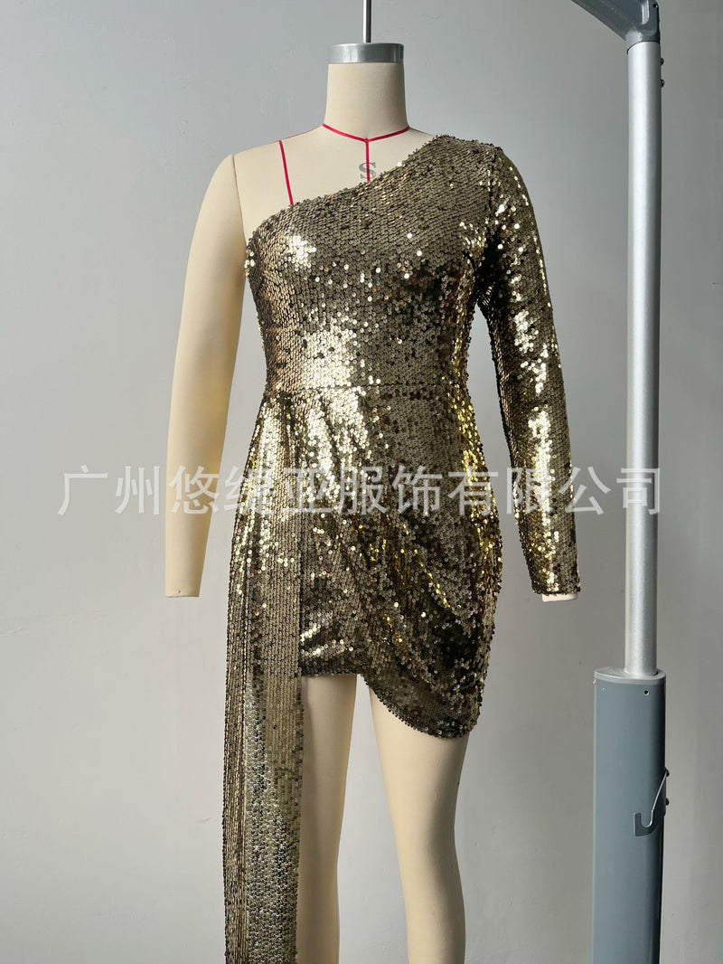 One Shoulder Sequins Stylish Mini Shinny Dress