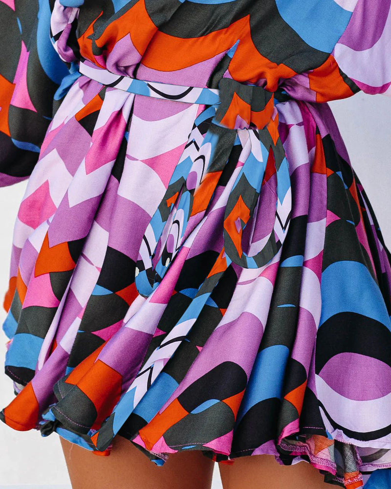 Fashion Long Sleeve Printed Pleated Mini Dress