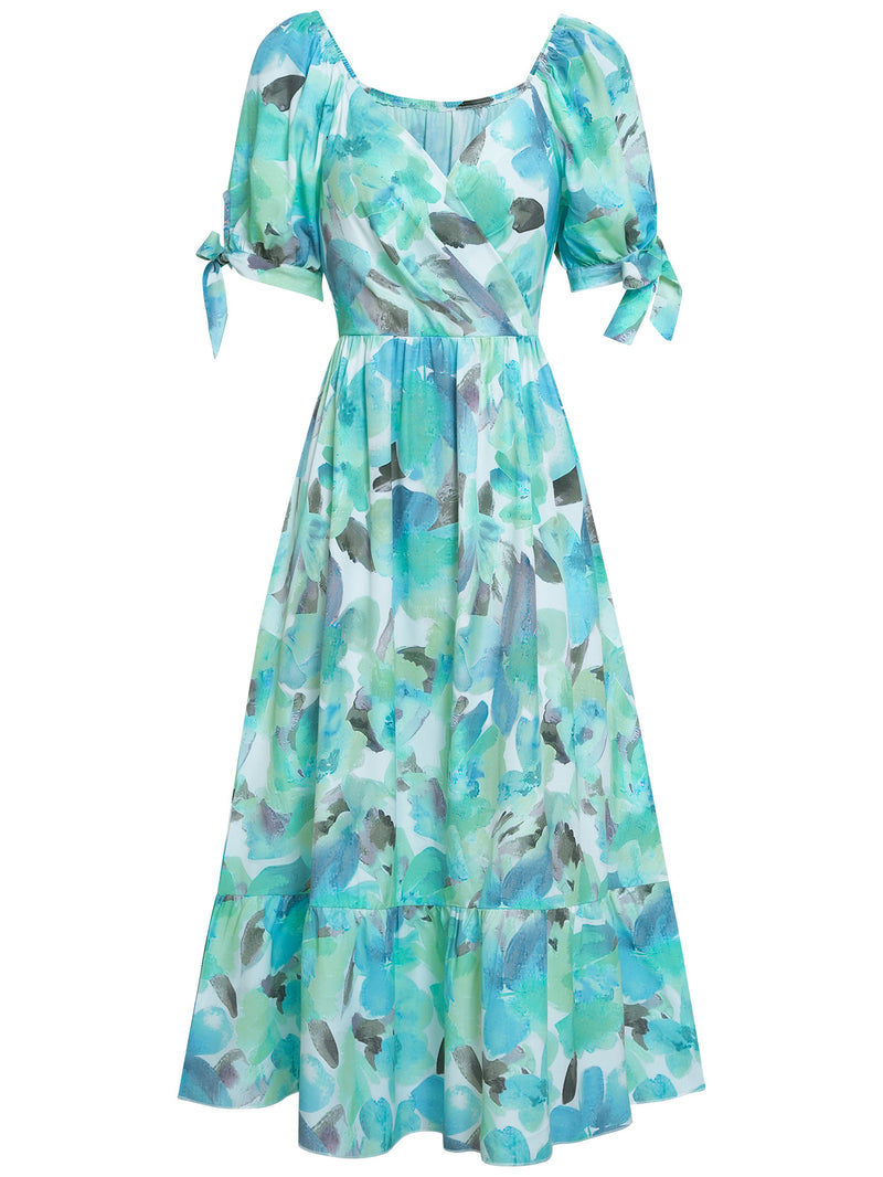 Elegant Short Sleeve V-Neck Printed Maxi Dress