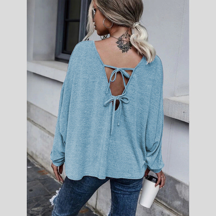 Fashion Round Neck Long Sleeve Solid Loose Blouse