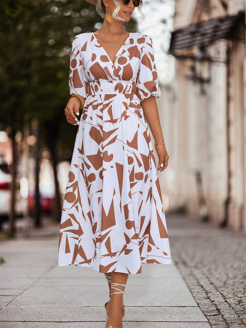 Short Sleeve V-Neck Printed Flared Midi Dress