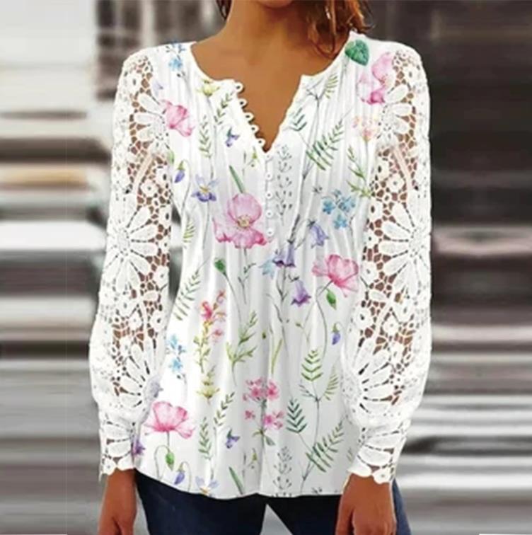 Elegant V-Neck Long Sleeve Lace Floral Print Loose Blouse