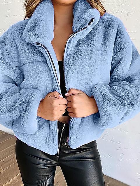 Solid Zipper Leather Long Sleeve Bubble Coat