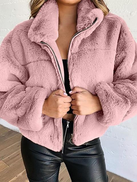 Solid Zipper Leather Long Sleeve Bubble Coat