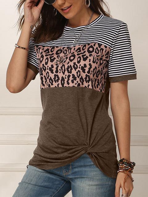 Striped Leopard Print Short Sleeve Tops