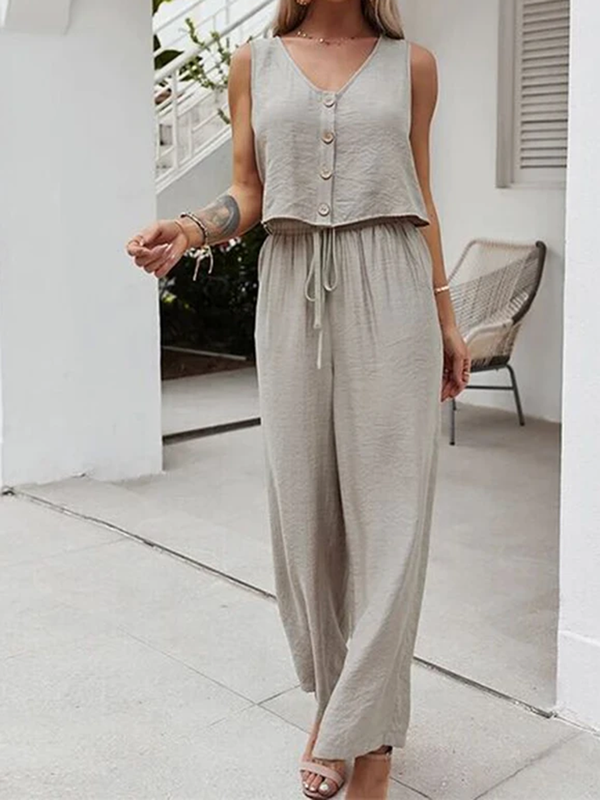 Sleeveless V Neck Button Top with Pants Set