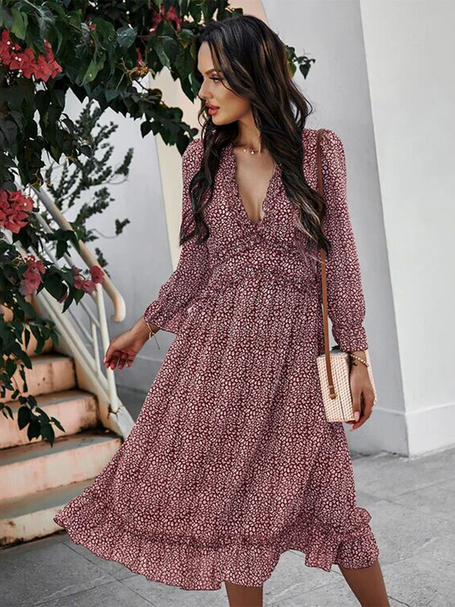 Deep V Neck Floral Long Sleeve Ruffle Hem Maxi Dress – Landing Closet