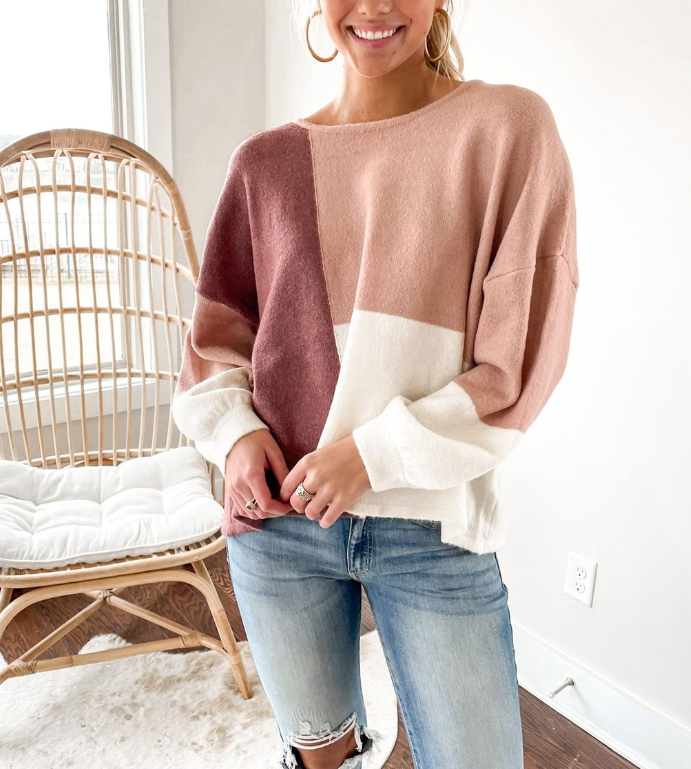 Color Block Tie Back Long Sleeve Patchwork Sweater Top