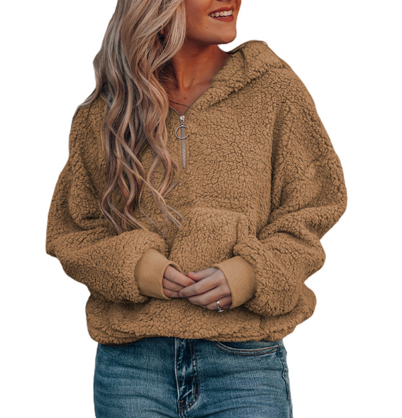 Fleece Zip Up Solid Color Hooded Sweatshirt