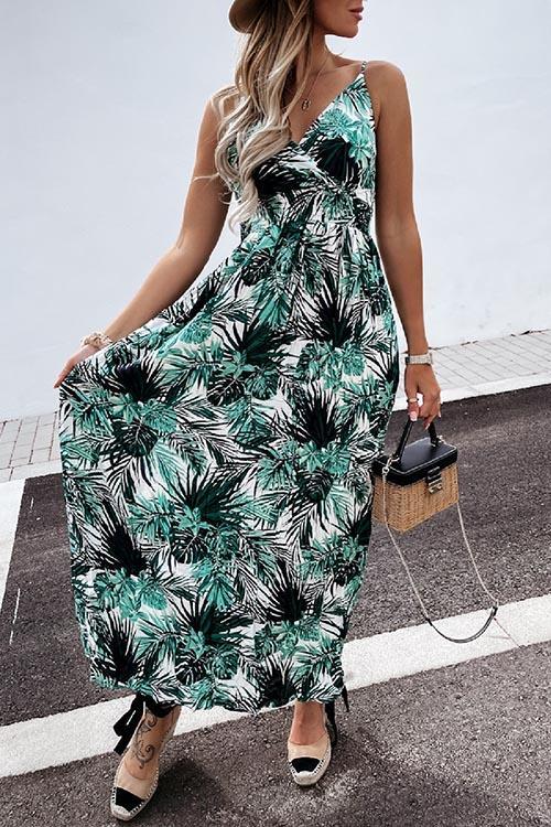 Summer Leaf Print Suspender Maxi Dress