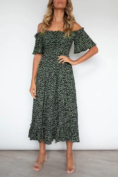 One-Shoulder Short-Sleeved Leopard Print Dress