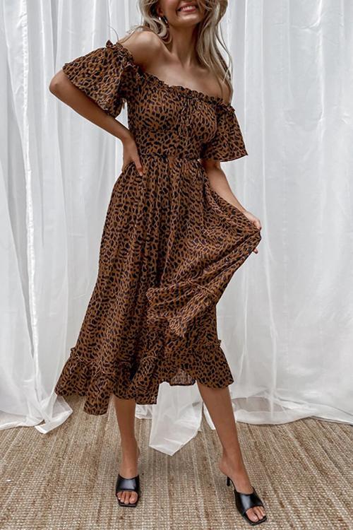 One-Shoulder Short-Sleeved Leopard Print Dress
