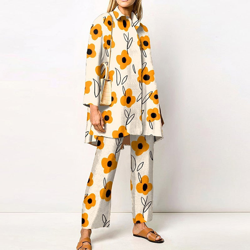 Two Piece Fashion Lapel Printed Long Sleeve Top Pant Set