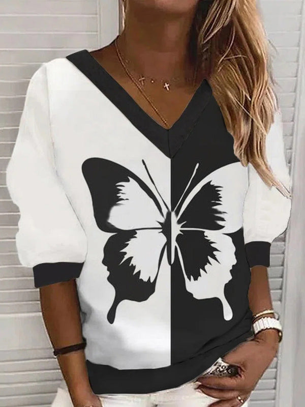 Women's T-Shirts V-Neck Butterfly Print Long Sleeve T-Shirt