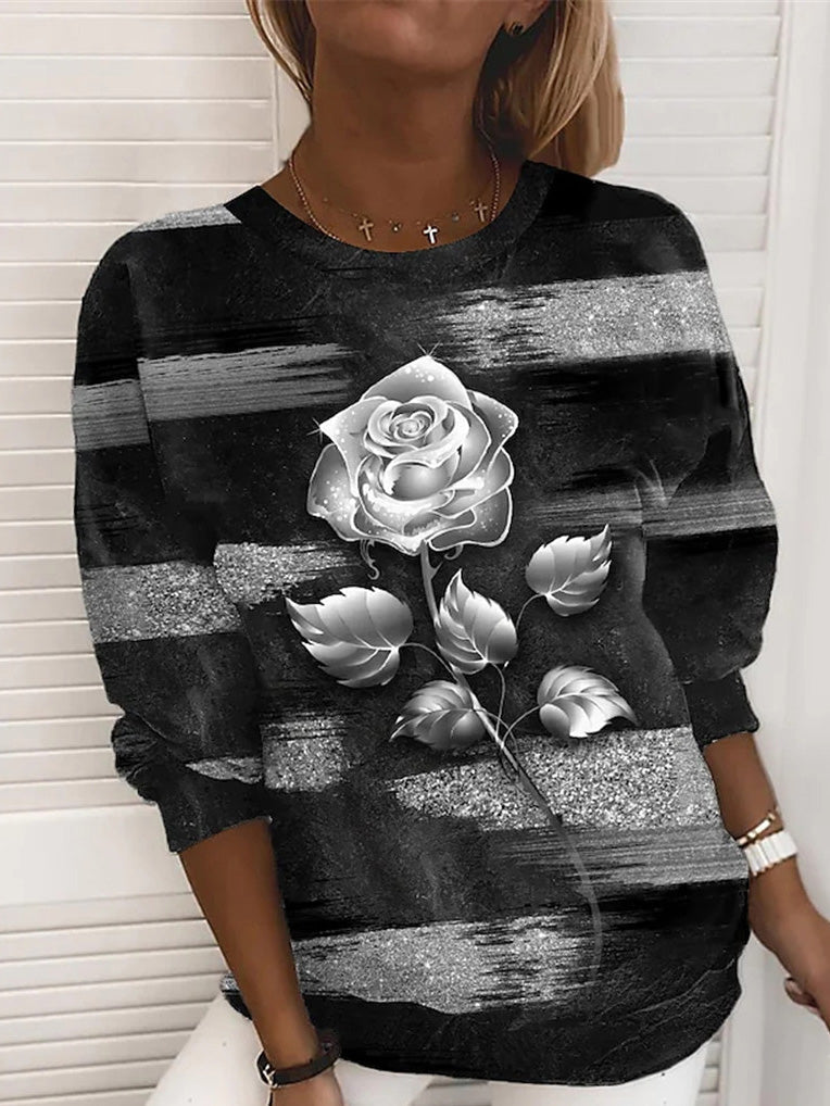 Women's T-Shirts Rose Print Round Neck Long Sleeve T-Shirt