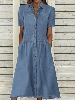 Women's Dresses Casual Lapel Button Pocket Denim Dress