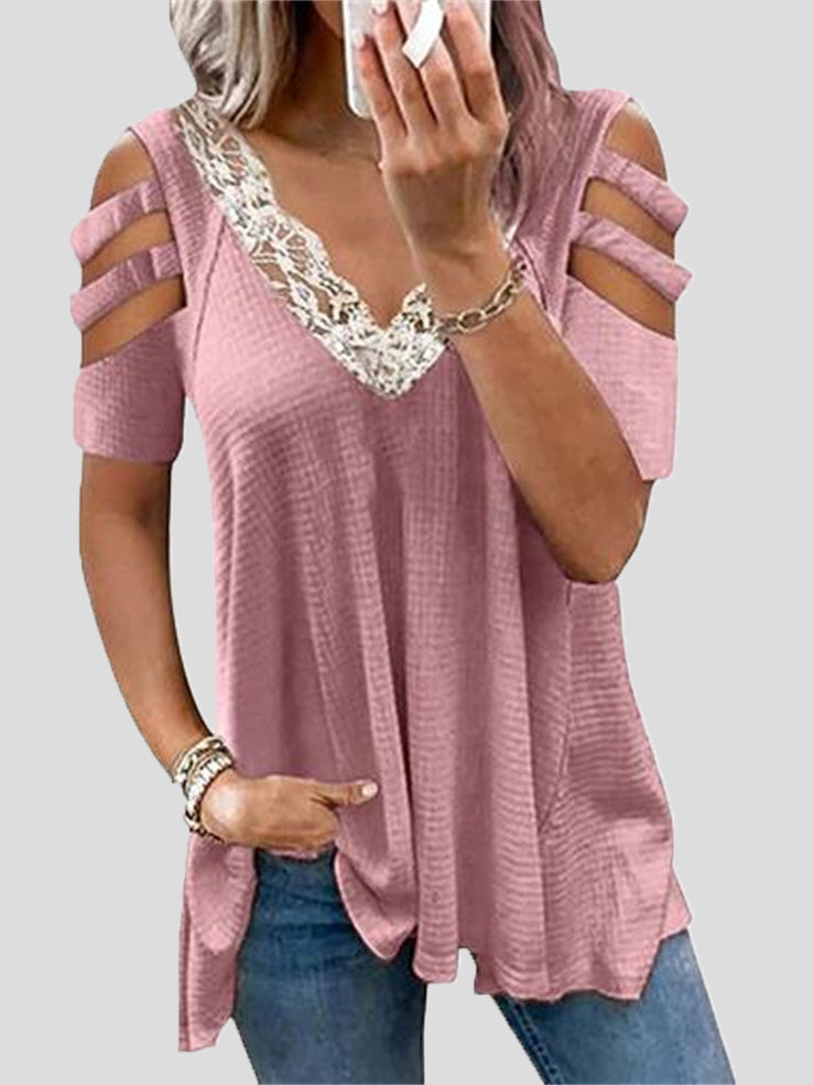 Women's T-Shirts V-Neck Lace Off Shoulder T-Shirt