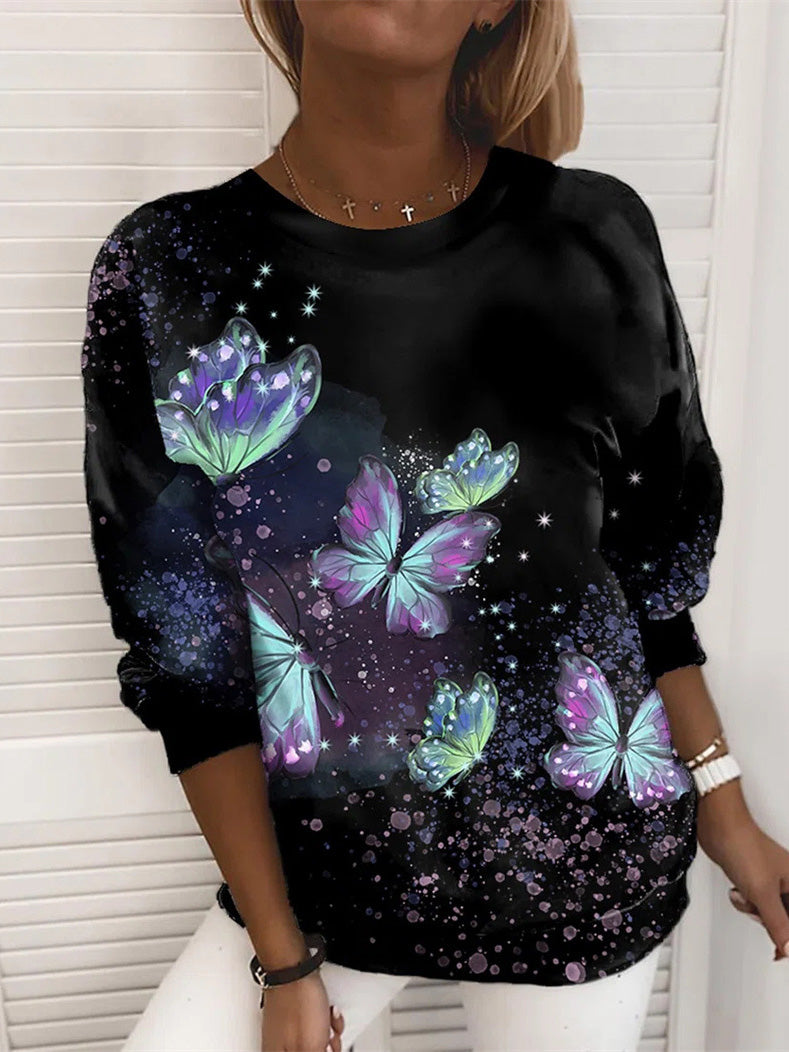 Women's T-Shirts Butterfly Print Round Neck Long Sleeve T-Shirt