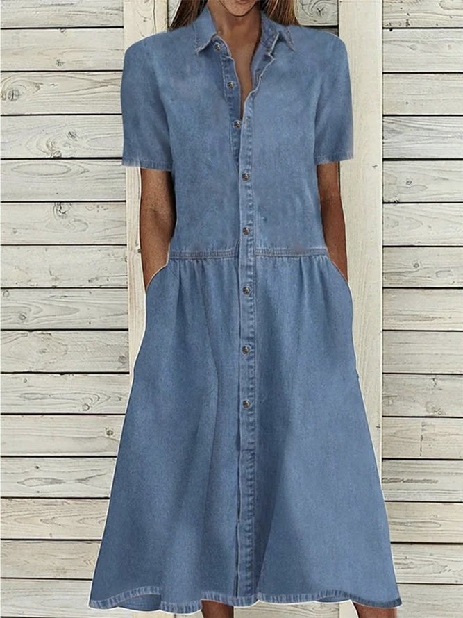 Women's Dresses Casual Lapel Button Pocket Denim Dress