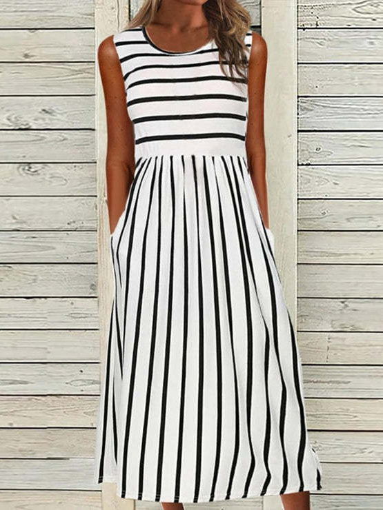 Women's Dresses Striped Print Crew Neck Pocket Sleeveless Dress