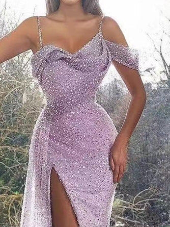 Women's Dresses Sequin Sling Irregular Split Evening Dress