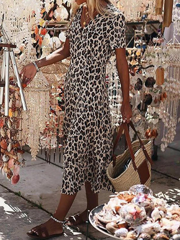 Women's Dresses Leopard Print V-Neck Short Sleeve Dress