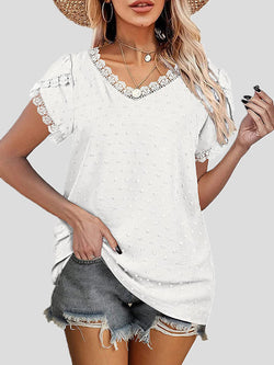 Women's Blouses V-Neck Lace Jacquard Short Sleeve Blouse