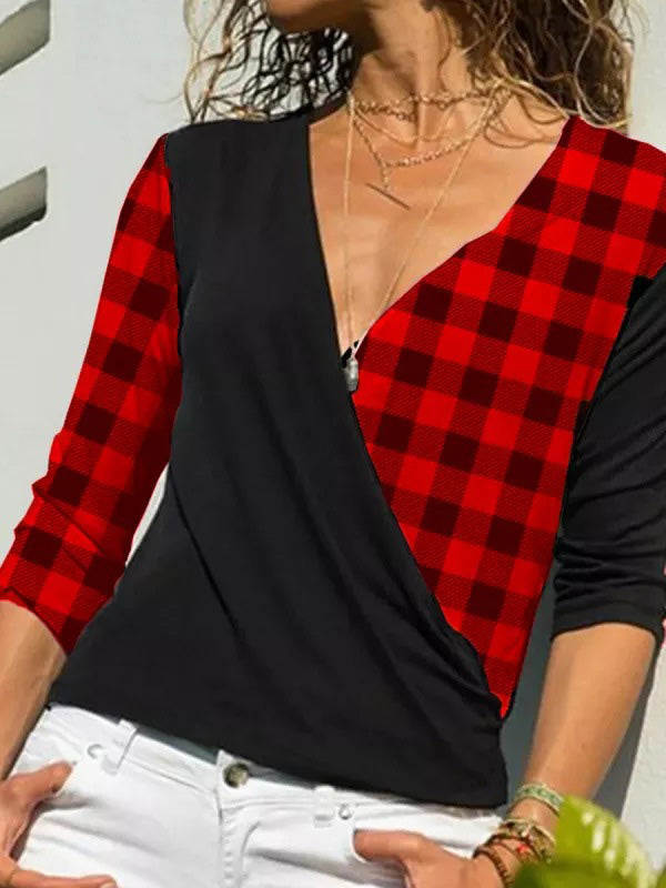 Women's T-Shirts Casual V-Neck Check Print Long Sleeve T-Shirt