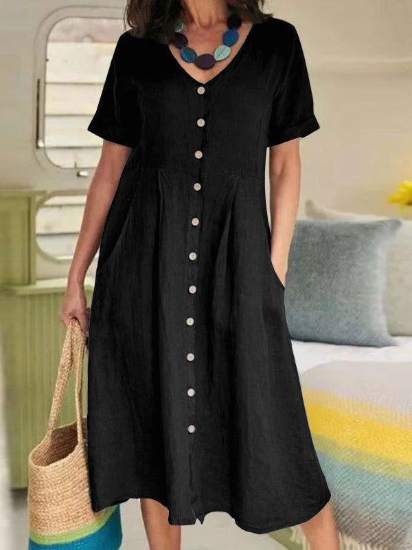 Women's Dresses V-Neck Button Short Sleeve Casual Dress