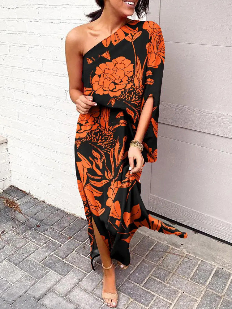 Women's Dresses Slanted Shoulder Print One Sleeve Dress