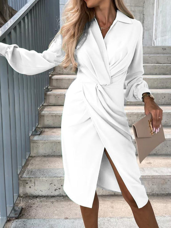 Women's Dresses Solid V-Neck Long Sleeve Slit Dress